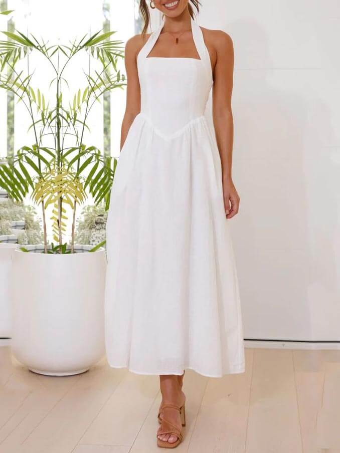 Persephone Waist Little Black Halter Neck Dress Mid Length Dress