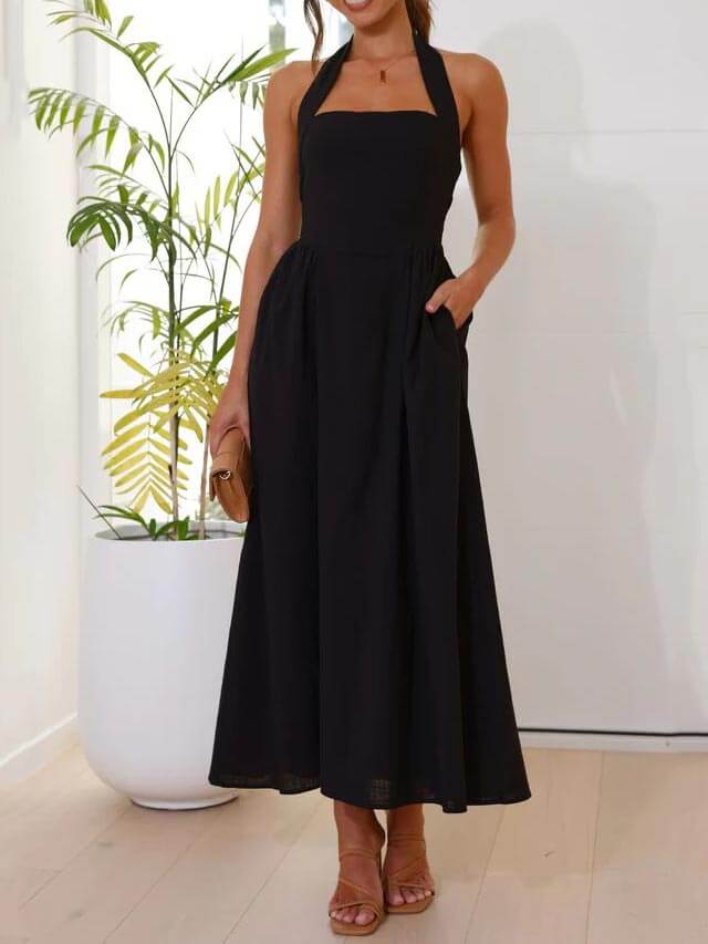 Persephone Waist Little Black Halter Neck Dress Mid Length Dress