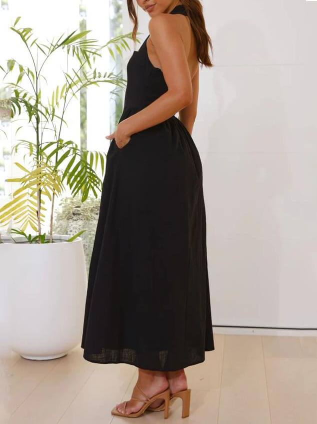 Persephone Waist Little Black Halter Neck Dress Mid Length Dress