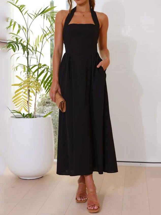 Persephone Waist Little Black Halter Neck Dress Mid Length Dress