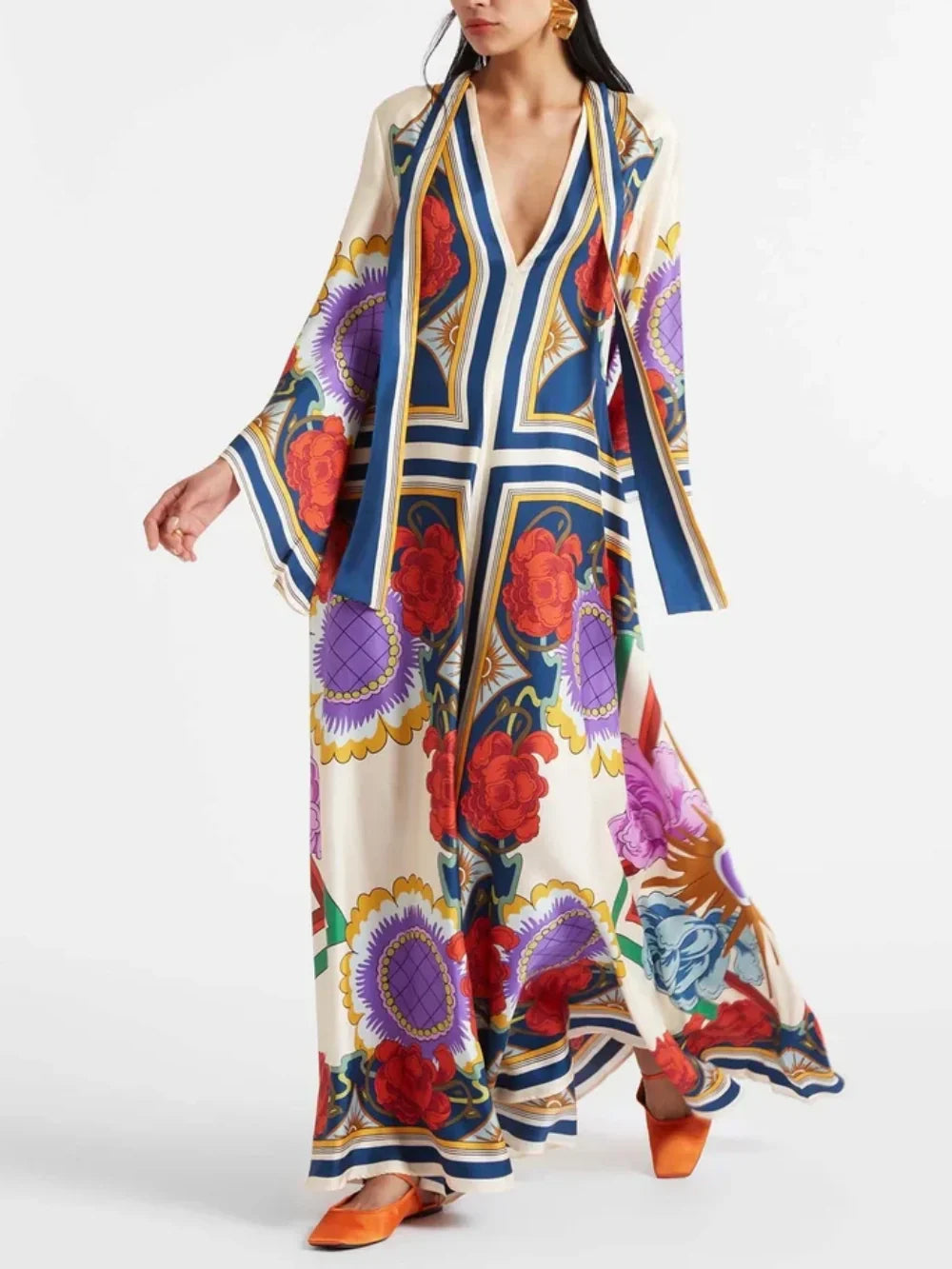 Esme Floral Print Draped Waterfall Sleeves Maxi Dress
