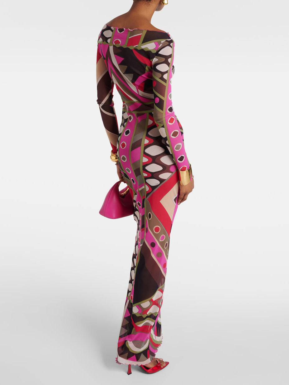 Stella Retro Personality Abstract Print Hip-Wrapped Maxi Dress