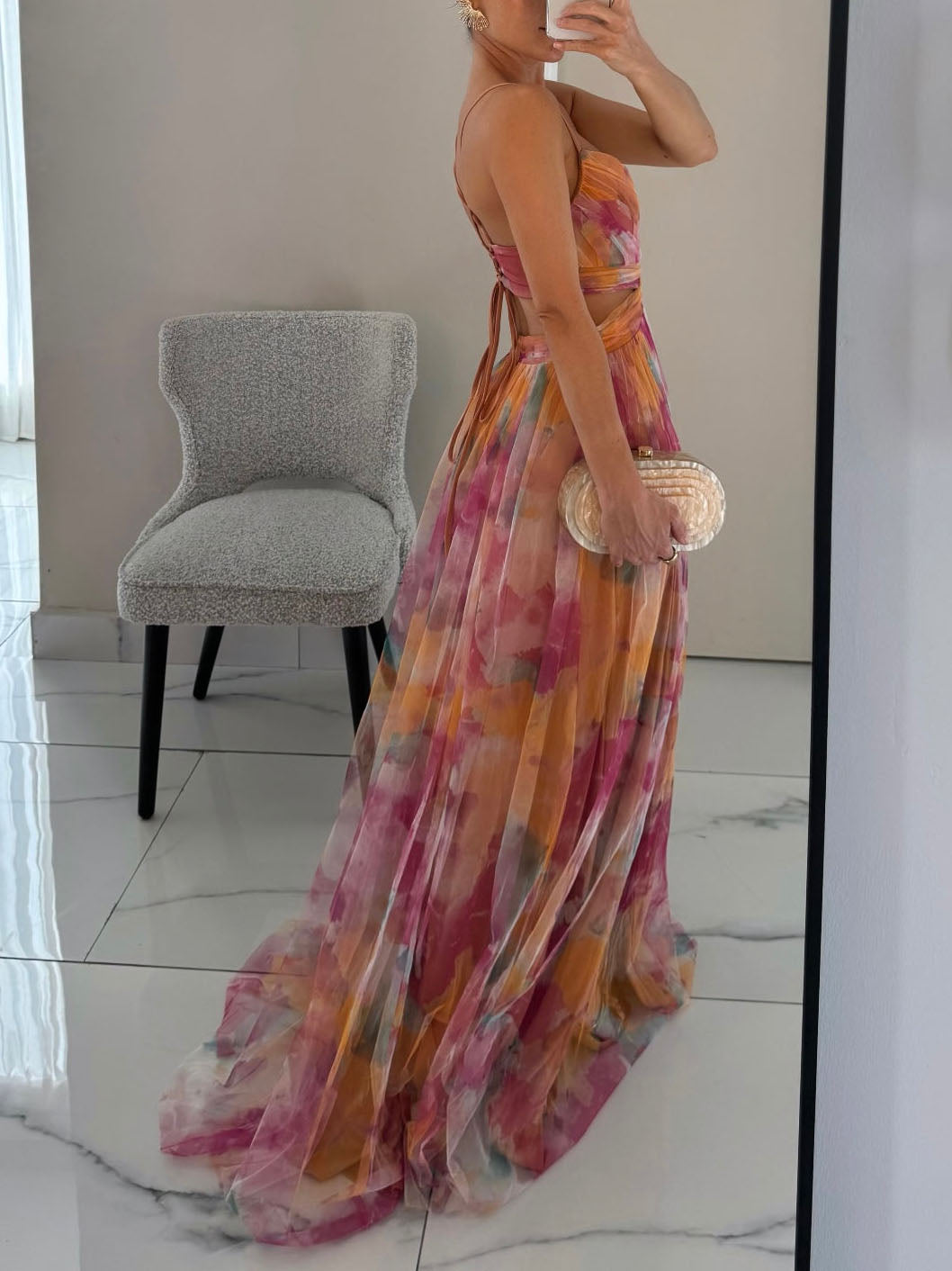 Octavia Painted Floral Print V-Neck A-Line Maxi Dress