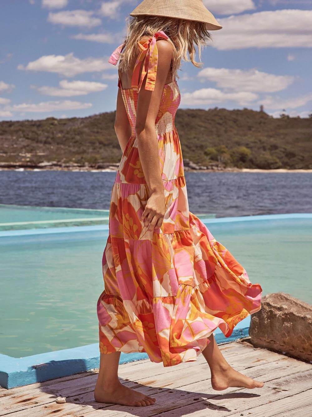 Valentina Sleeveless Sea Charm Pleated Stretch Chest Print Cami Dress