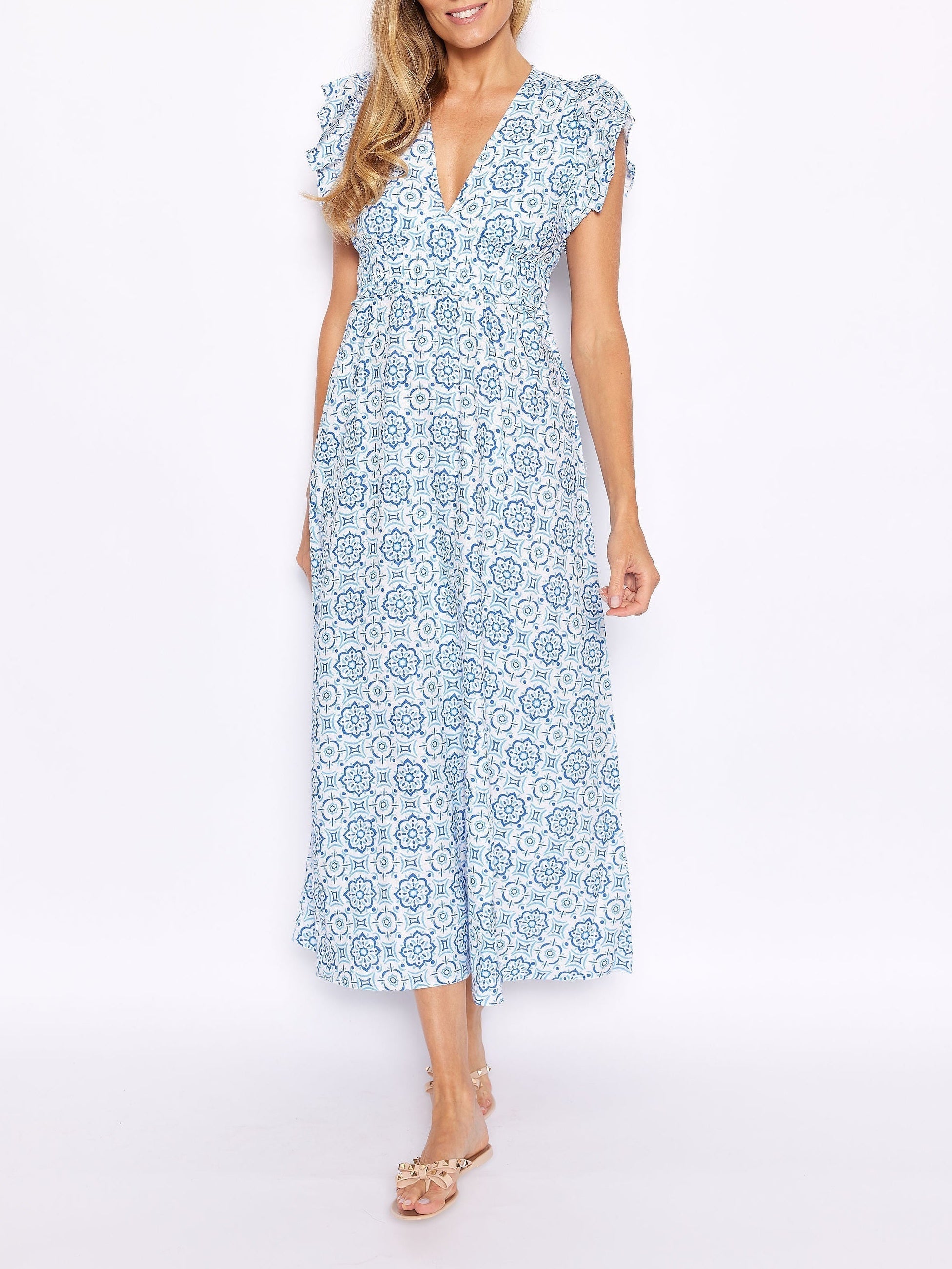 Philippa Blue Medallion V-Neck Flutter Sleeve Maxi Dress