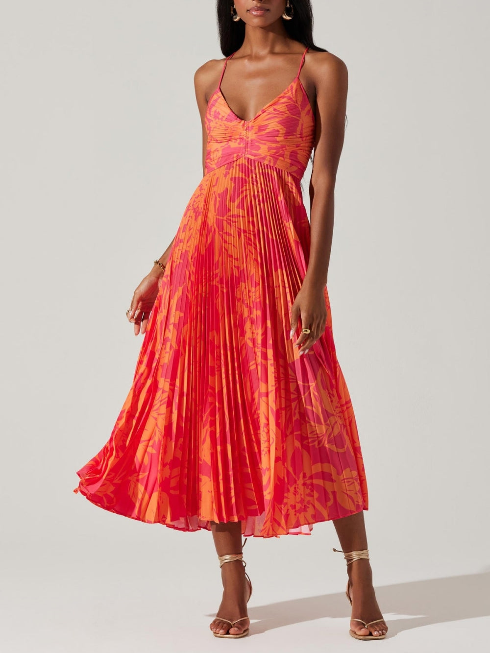 Bruna Floral Print Pleats Midi Dress