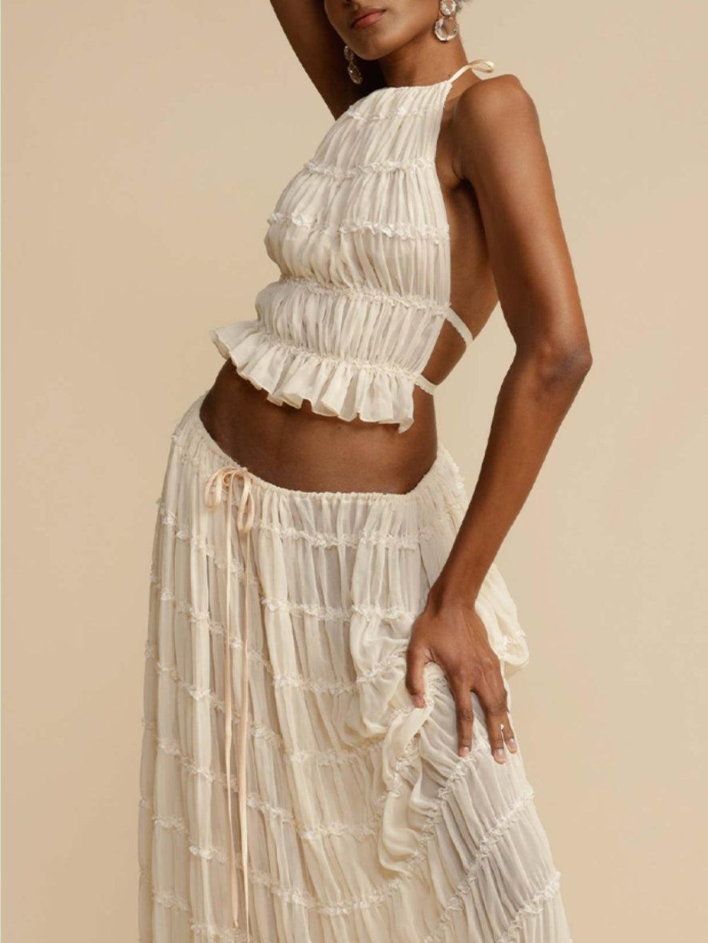 Ginevra Pleated Drawstring Charm Waist Tiered Maxi Skirt