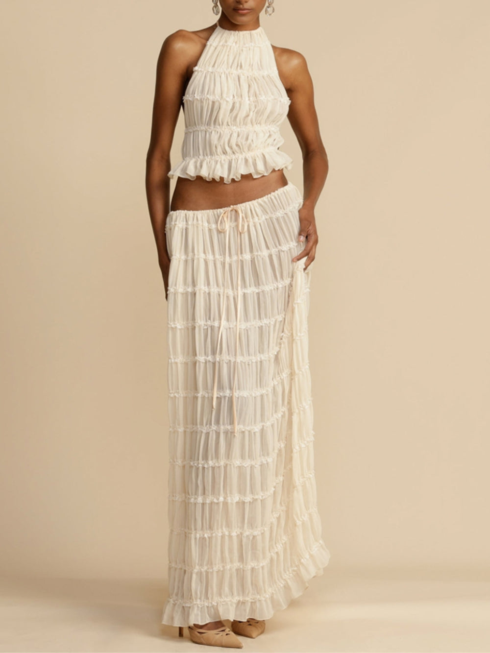 Ginevra Pleated Drawstring Charm Waist Tiered Maxi Skirt