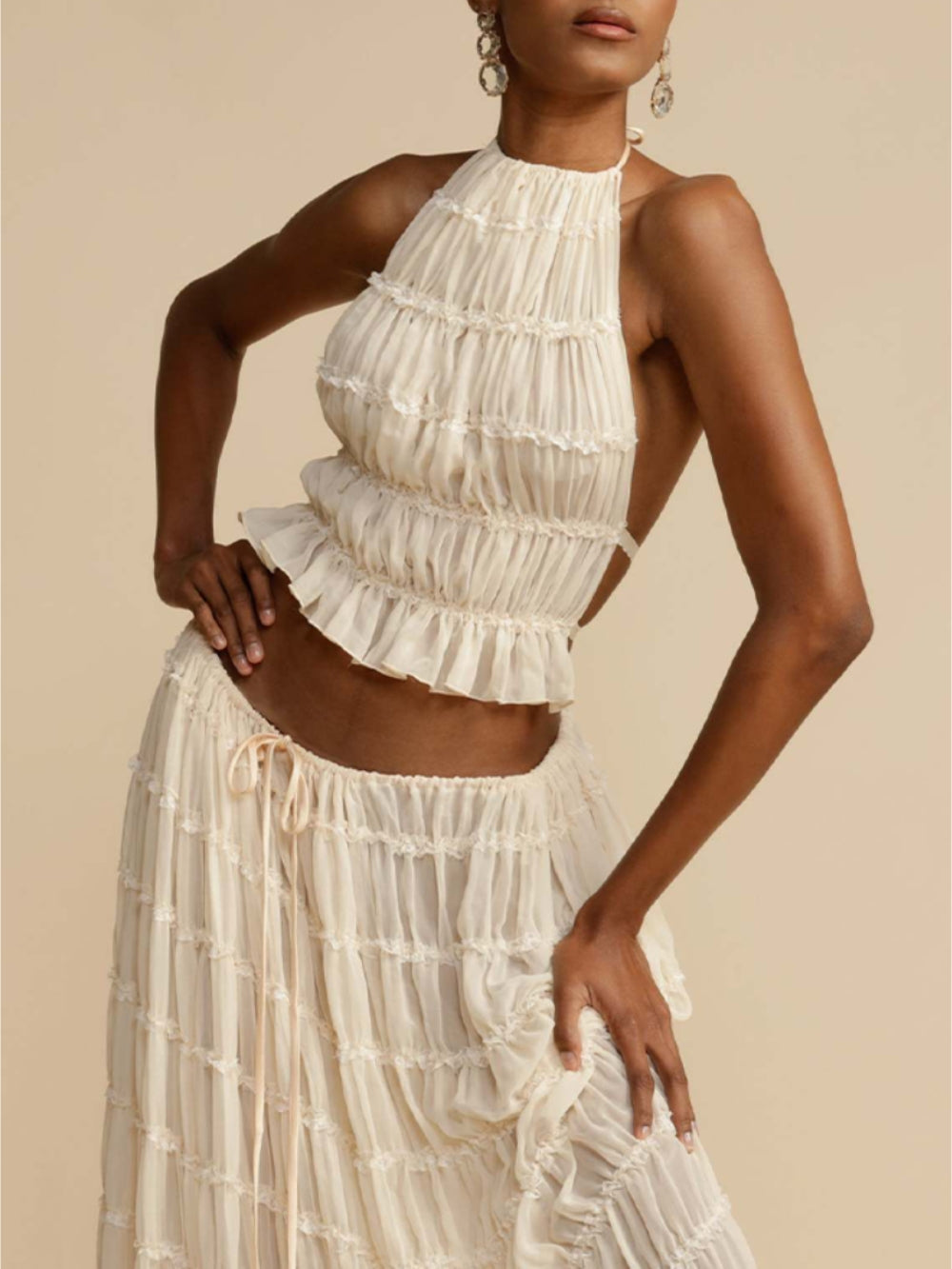 Ginevra Pleated Drawstring Charm Waist Tiered Maxi Skirt
