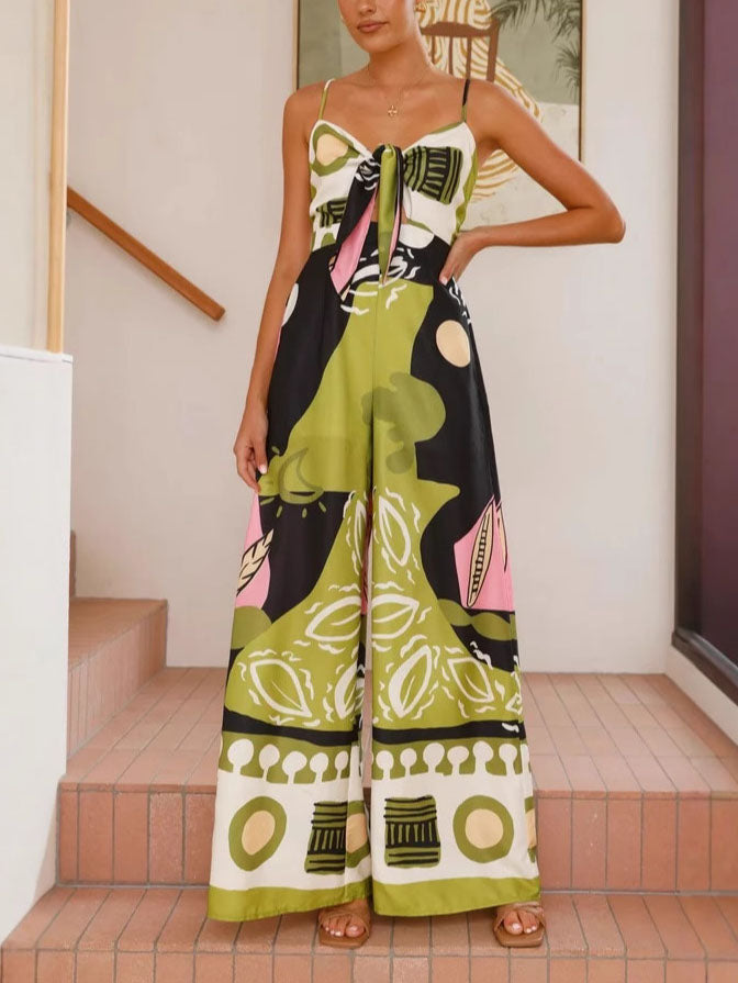 Allegra Painted Print Suspenders Wide-leg Jumpsuit