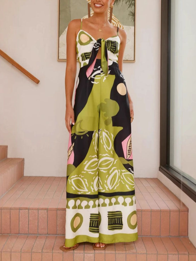Allegra Painted Print Suspenders Wide-leg Jumpsuit
