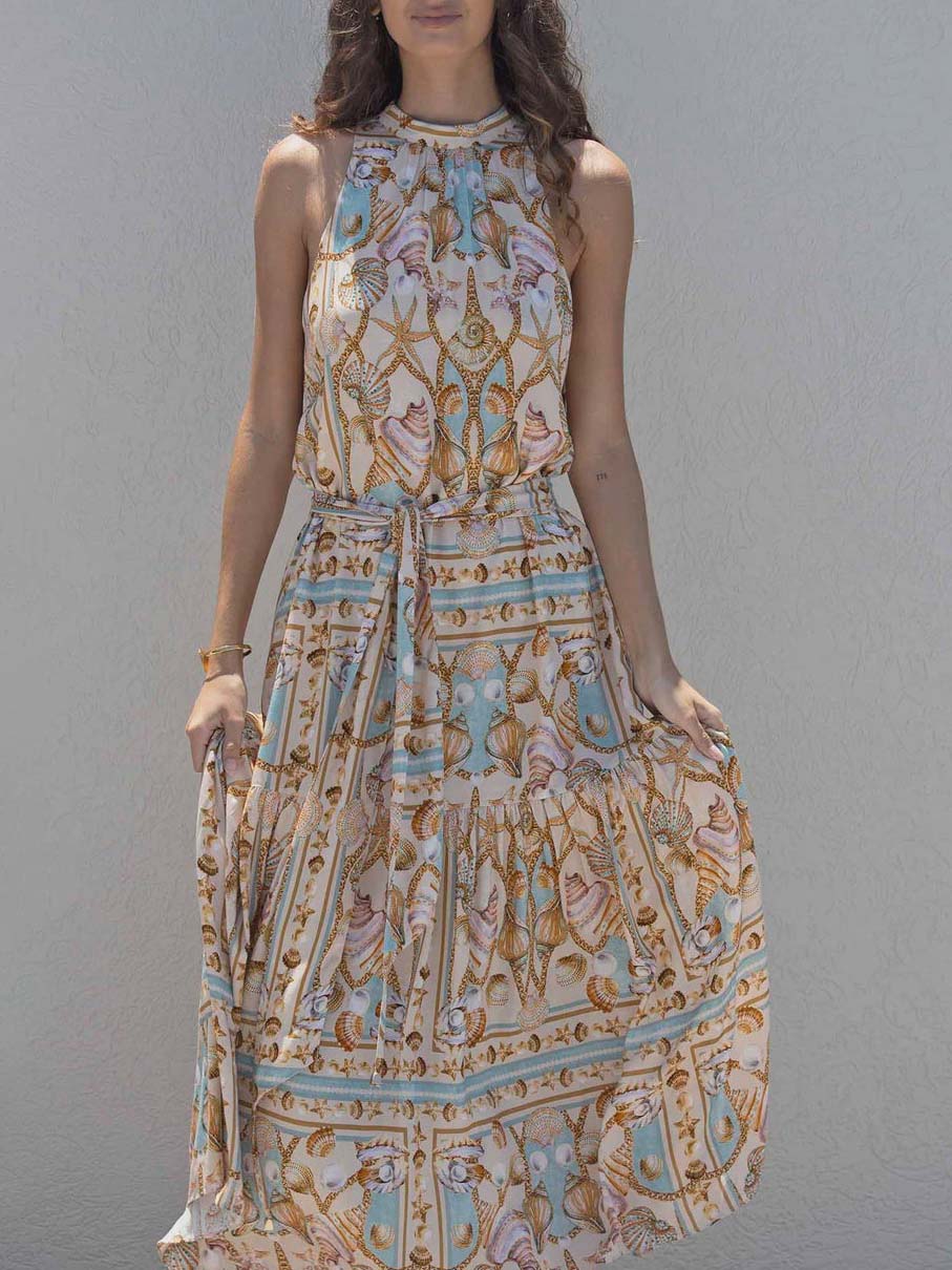 Sabine Satin Ocean Treasure Print Maxi Dress