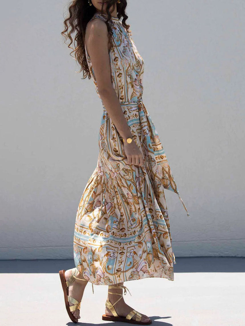 Sabine Satin Ocean Treasure Print Maxi Dress