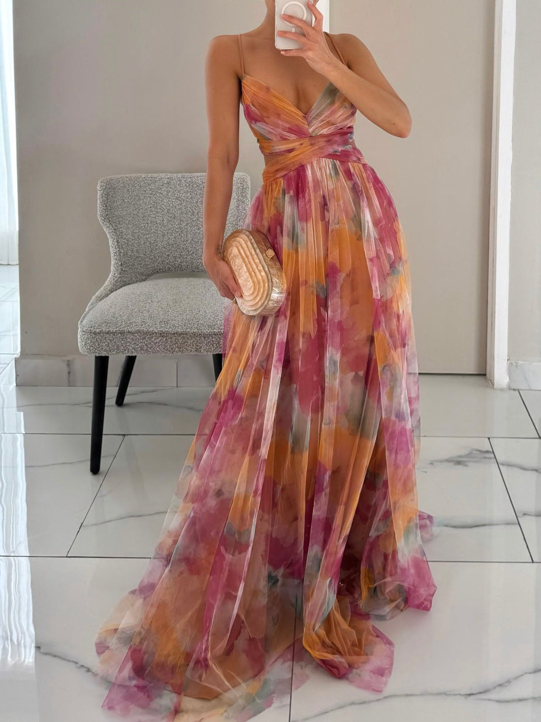 Octavia Painted Floral Print V-Neck A-Line Maxi Dress