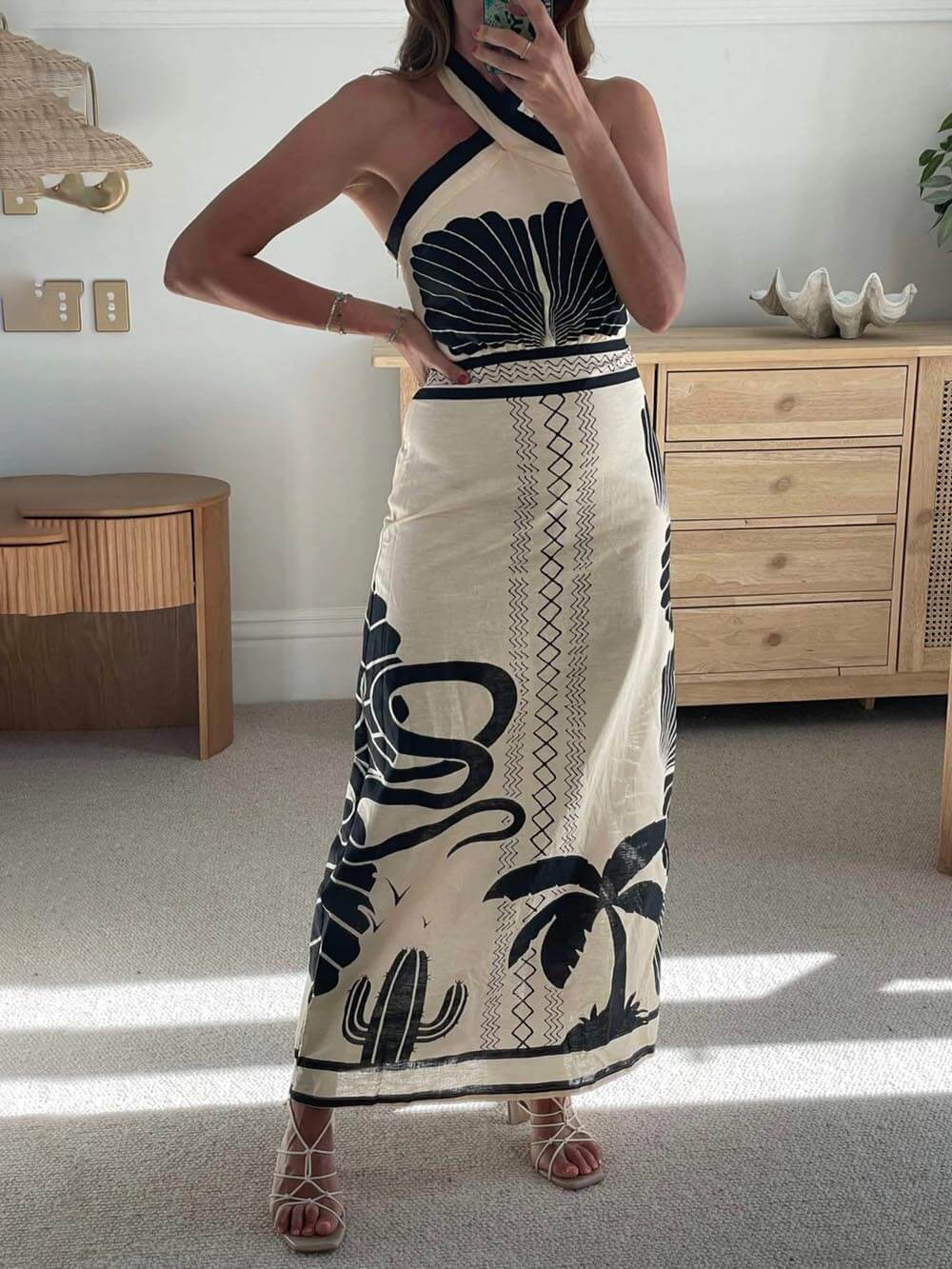 Chiara And Sexy Ethnic Print Slim-Fit Halter Neck Maxi Dress
