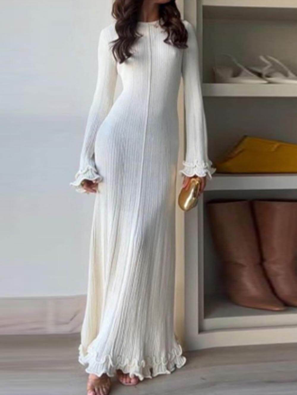 Ingrid Trumpet Sleeves Rolled Hem Knitted Round Neck Maxi Dress